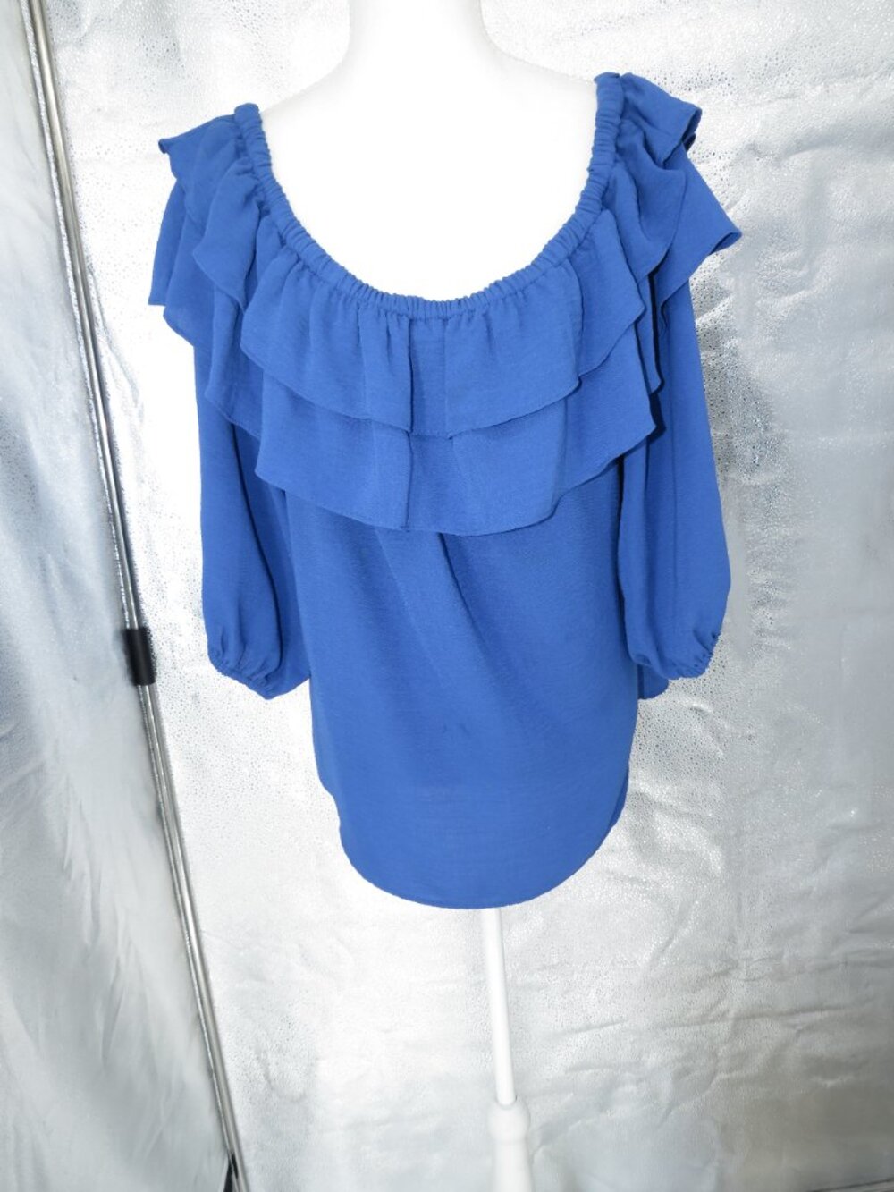 Vince Camuto Blue Off Shoulder Ruffle Blouse XL Top Chiffon Layered Romantic Boh